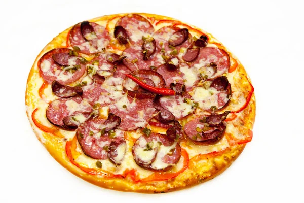 Pepperoni, salami, ser, ciasta, Pizza, jedzenie, szybki, — Zdjęcie stockowe