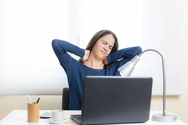 Teen Student Suffers Neck Pain Computer Home — Stock Photo, Image