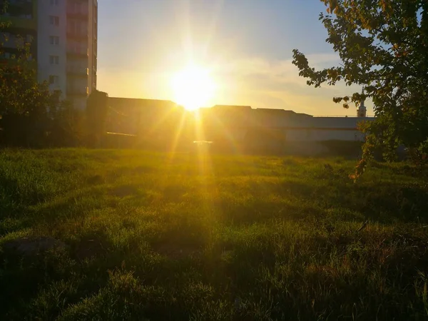 Puesta Sol Con Atardeceres Prado Las Afueras Una Ciudad — Foto de Stock