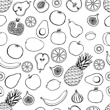 Yeşil arka planda elle çizilmiş meyve elementleriyle kusursuz desen. Vejetaryen duvar kağıdı. Tasarım ambalajı, tekstil, arkaplan, tasarım kartpostalları ve posterler için.