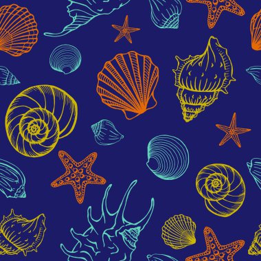 Deniz kabuklarıyla, deniz balıklarıyla kusursuz desen. Denizci geçmişi. Robot resim şeklinde elle çizilmiş vektör çizimi. Selamlama, davetiyeler, boyama kitapları, tekstil, düğün ve web tasarımı için mükemmel.