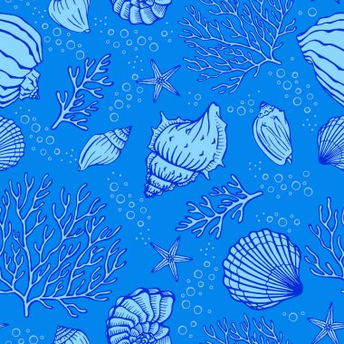 Deniz kabukları, mercanlar ve deniz balıklarıyla kusursuz desen. Denizci geçmişi. Selamlama, davetiye, ambalaj kağıdı, tekstil ve web tasarımı için mükemmel..