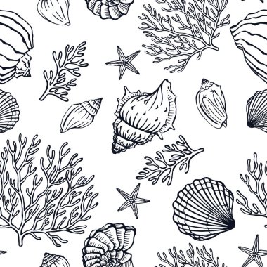 Deniz kabukları, mercanlar ve deniz balıklarıyla kusursuz desen. Denizci geçmişi. Selamlama, davetiye, ambalaj kağıdı, tekstil ve web tasarımı için mükemmel..
