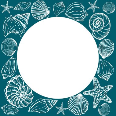 Deniz kabukları çerçevesi. Deniz ve okyanus tasarım şablonu. Vektör çizimi. Vektör kart şablonları. Kartvizit, davetiye, düğün ve web tasarımı için mükemmel.
