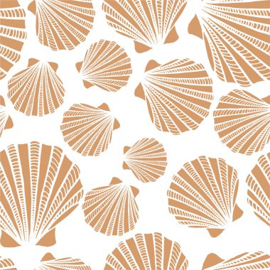 Deniz kabuklarıyla kusursuz desen. Denizci geçmişi. Robot resim şeklinde elle çizilmiş vektör çizimi. Selamlama, davetiyeler, boyama kitapları, tekstil, düğün ve web tasarımı için mükemmel.