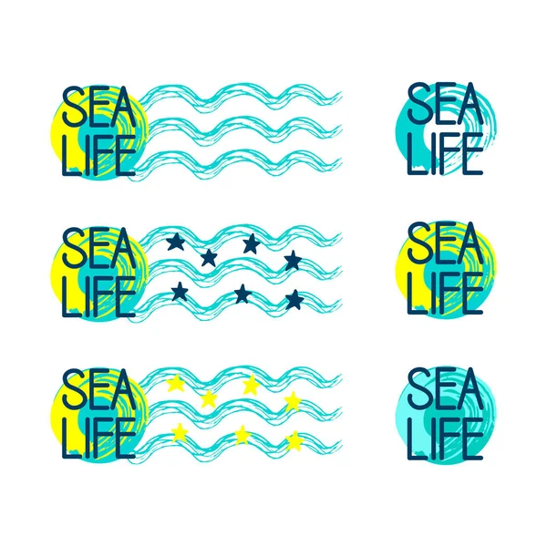 Logo Deniz Yaşamı Yapımı Deniz Kabukları Deniz Balıkları Modern Kaligrafi — Stok Vektör