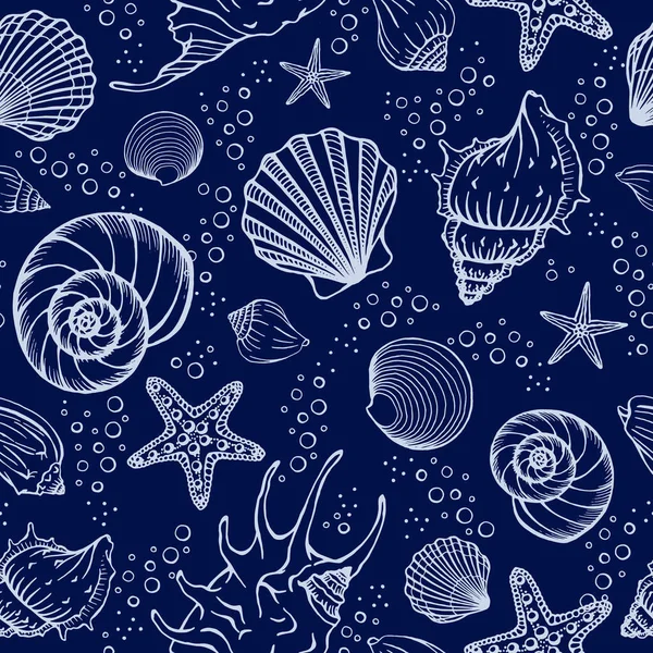 Modello Senza Cuciture Con Conchiglie Stelle Marine Sfondo Marino Illustrazione — Vettoriale Stock