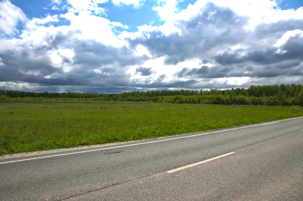 Rainy Clouds Field View Road — Stock Photo, Image