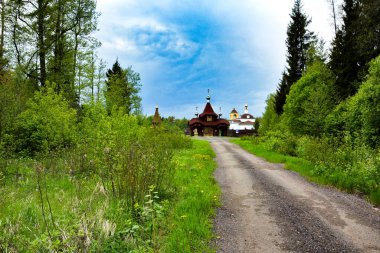 Rusya 'daki yenilenmiş tapınağa giden orman yolu.