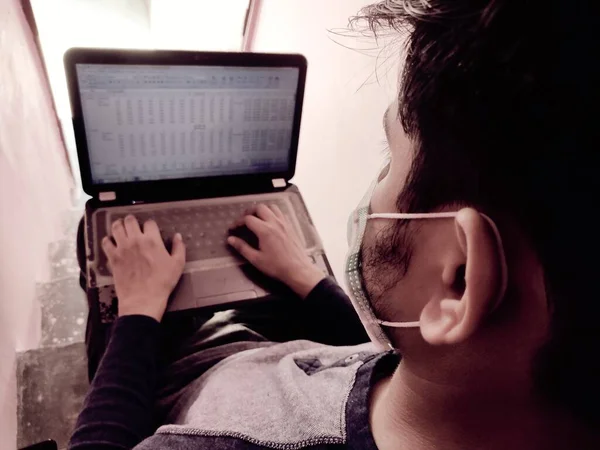 Man Working Home Using Laptop Sitting Home Stairs Corona Pandemic — Stock Photo, Image