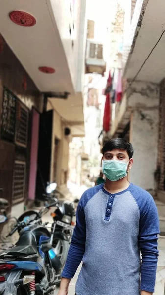 Masked Boy Standing Street Corona Virus Pandemic Covid Protection Using — Stock Photo, Image