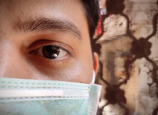 Closeup View Man Eye Wearing Medical Mask Dust Disease Flu — Stock Photo, Image