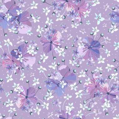 Çiçek taşıyıcı leylak renkleri pürüzsüz desen. Tomurcuklu mor çiçekler ve küçük açık mavi çiçekler.. 
