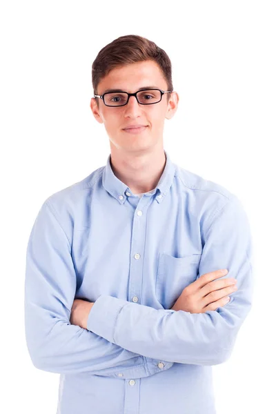 Unga attraktiva mannen i blå skjorta isolerade — Stockfoto
