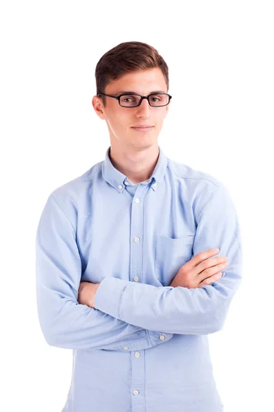 Joven hombre de negocios en gafas con cruces manos aisladas —  Fotos de Stock