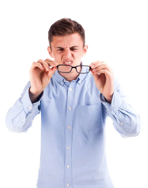 Man with bad vision hold glasses