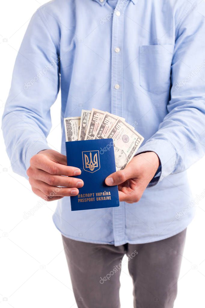 International ukraine passport with dollar bills