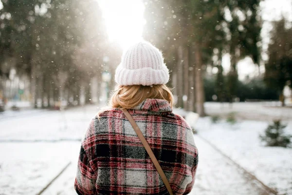 Fantastisk natur i skogen med snö och modell Stockbild