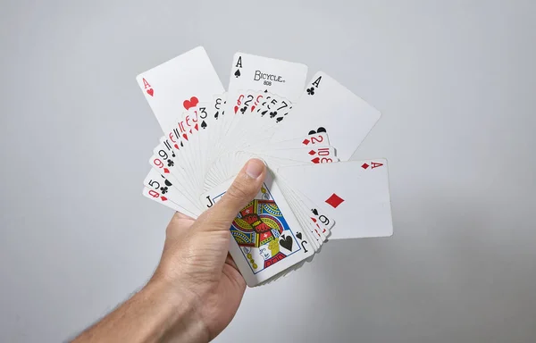 Hands Fanned Out Cards Aces — Stock Photo, Image