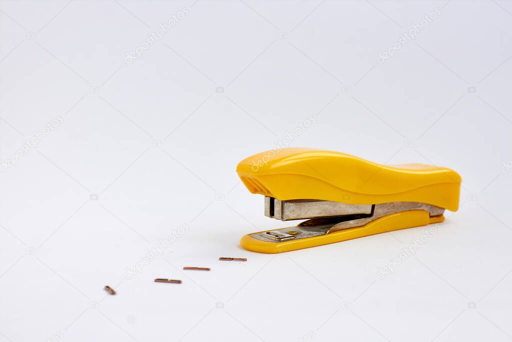 yellow stapler with staples on white background