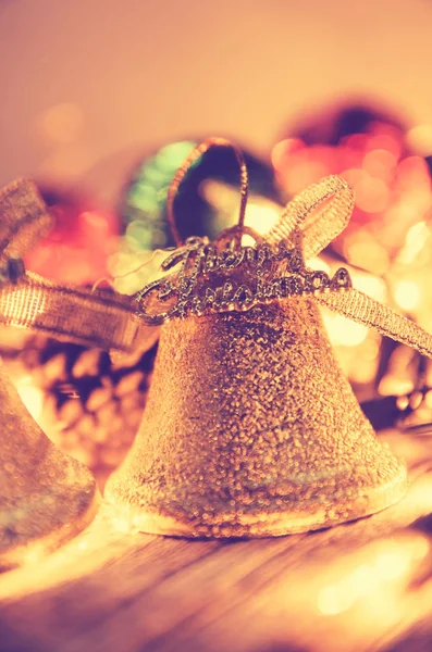 Fundo Natal Com Decoração Natal Brilhar Sinos Com Laços Fita — Fotografia de Stock