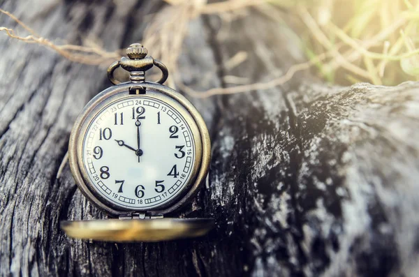 Вінтажний кишеньковий годинник на гранжевому дерев'яному журналі — стокове фото