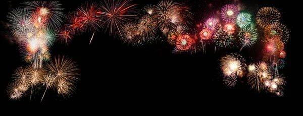 Colorful Fireworks Black Sky Background Free Space Text Celebration Anniversary — Stock Photo, Image