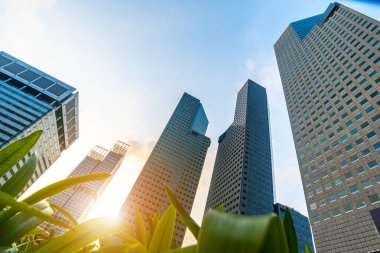 Modern iş gökdelenleri, yüksek katlı binalar, gökyüzüne yükselen mimari, güneş. Finansal, ekonomi, gelecek vb. kavramlar.