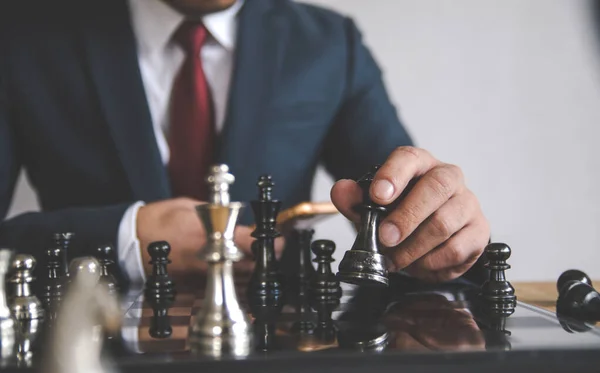 Retro Style Image Businessman Clasped Hands Planning Strategy Chess Figures — Stock Photo, Image