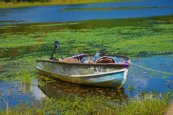 Velho Barco Pesca Conjunto Entre Lírios Água Muita Cor Textura — Fotografia de Stock