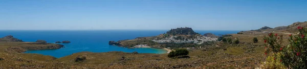 Panoramautsikt Över Lindos Antik Tonw Rhodos Grekland Vita Hus Akropolis — Stockfoto