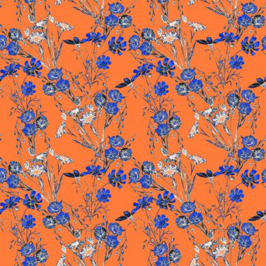 Çiçeksiz, suluboya tarla çiçekleri. Çiçek. Keten. Kozmos. Botanik duvar kağıdı. Çiçek tasarımı. 