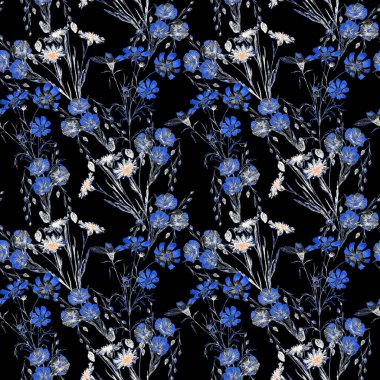 Çiçeksiz, suluboya tarla çiçekleri. Çiçek. Keten. Kozmos. Botanik duvar kağıdı. Çiçek tasarımı. 