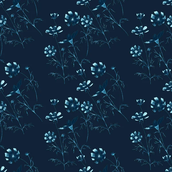 Kwiatowy Bezszwowy Wzór Akwarelowymi Kwiatami Polnymi Kosmiczne Kwiaty Tapeta Botaniczna — Zdjęcie stockowe
