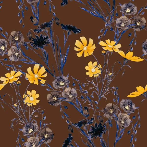 花型无缝图案 水彩场花 康乃馨Flax 宇宙号植物壁纸 花卉设计 — 图库照片