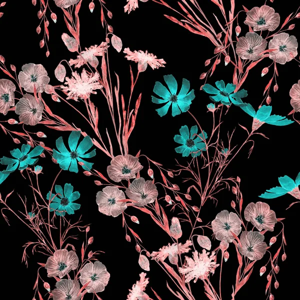 Floral Απρόσκοπτη Μοτίβο Λουλούδια Πεδίο Ακουαρέλα Κορνφλάουερ Λινάρι Κόσμος Βοτανική — Φωτογραφία Αρχείου