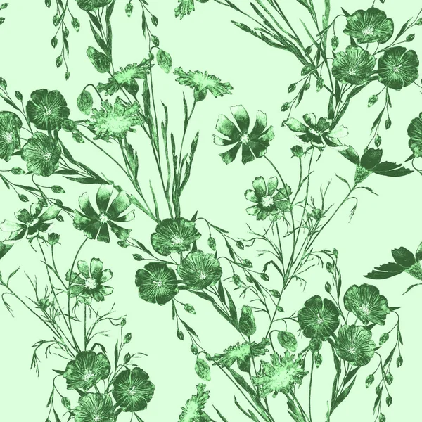 Floral seamless pattern with watercolor field flowers. Cornflower. Flax. Cosmos. Botanical wallpaper. Floral design.