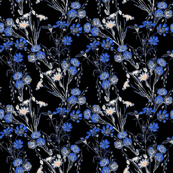 Florales Nahtloses Muster Mit Aquarell Feldblumen Kornblume Flachs Kosmos Botanische — Stockfoto