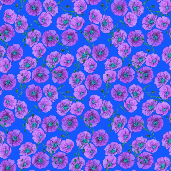花型无缝图案 水彩场花 亚麻花植物壁纸 植物的自然背景 — 图库照片