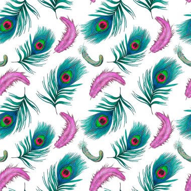 Güzel tüyleri olan dekoratif, pürüzsüz bir desen. Boya kalemleriyle çizilmiş moda resim baskısı.