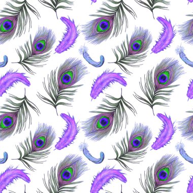 Güzel tüyleri olan dekoratif, pürüzsüz bir desen. Boya kalemleriyle çizilmiş moda resim baskısı.