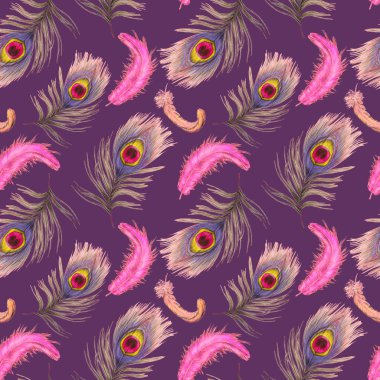 Güzel tüyleri olan dekoratif, pürüzsüz bir desen. Boya kalemleriyle çizilmiş moda resim baskısı.