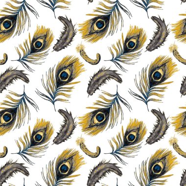 Güzel tüyleri olan dekoratif, pürüzsüz bir desen. Boya kalemleriyle çizilmiş moda resim baskısı.