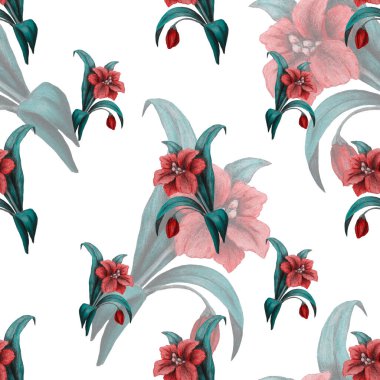 Şekillendirilmiş çiçekli, kusursuz bir desen. Botanik yaz baskısı. Renkli kalemlerle çizilmiş bir el..