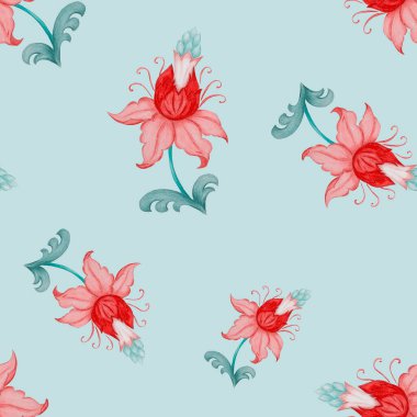 Şekillendirilmiş çiçekli, kusursuz bir desen. Etnik Asyalı kalıplarına dayalı süslemeli bir arka plan. Bandana izi. Renkli kalemlerle çizilmiş bir el..