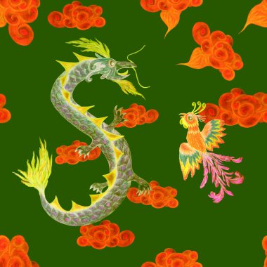Elle çizilmiş Çin ejderhası Phoenix 'in yaratıcı kusursuz deseni. Fantezi dekoratif baskı. Renkli kalemler.