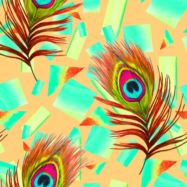 Dekorativa Sömlösa Mönster Med Vackra Påfågelfjädrar Geometrisk Bakgrund Kreativt Trendigt — Stockfoto