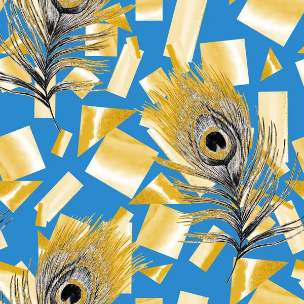 Dekoracyjny Bezszwowy Wzór Pięknymi Piórami Pawia Geometrycznym Tle Kreatywny Modny — Zdjęcie stockowe