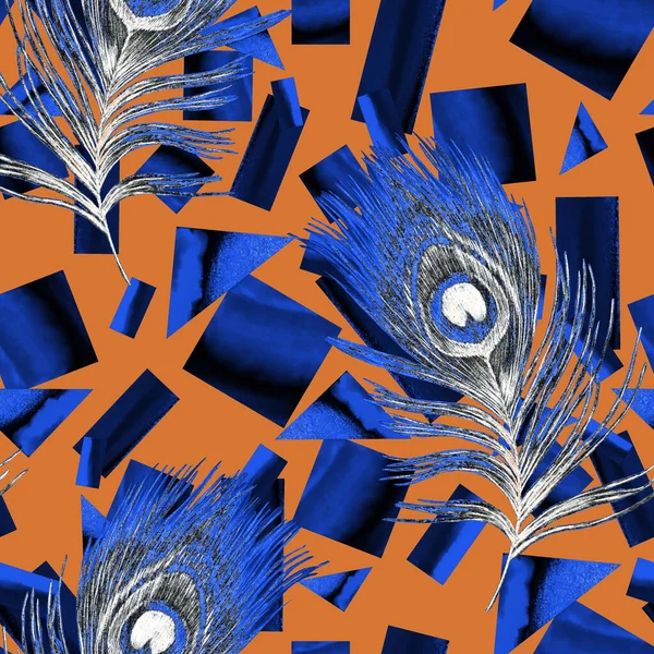 Decoratief Naadloos Patroon Met Prachtige Pauwenveren Geometrische Achtergrond Creatieve Trendy — Stockfoto