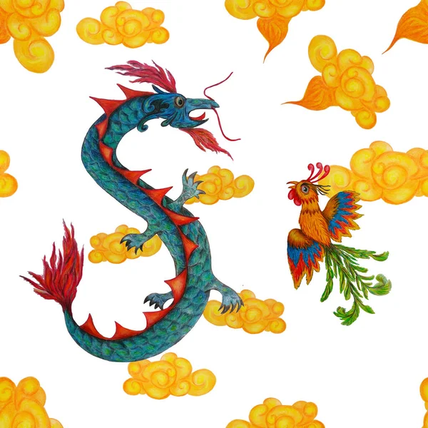 Kreatywny Bezszwowy Wzór Ręcznie Rysowane Chiński Smok Feniks Fantazyjny Druk — Zdjęcie stockowe